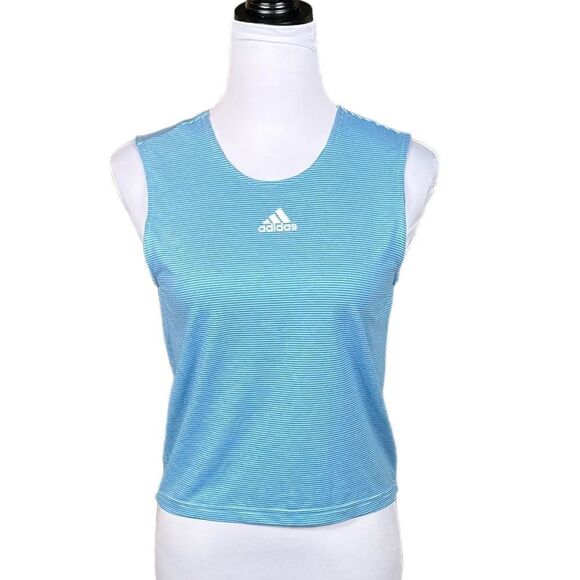 Adidas Blue And White Stripe Sleeveless Athletic Top With Open Cutout Back, EUC - Picture 1 of 7